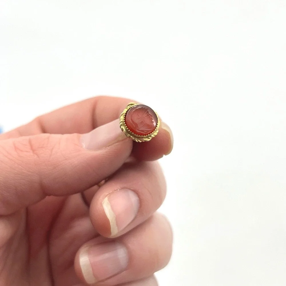 Vintage Gold Tone Red Intaglio Spartan‎ Tie Tack with Chain and T-Bar Accessory
